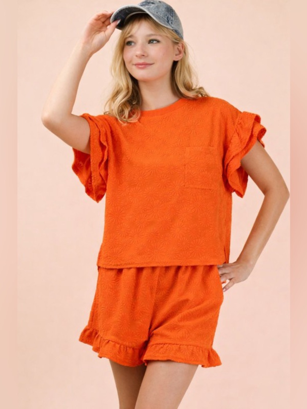 Very J/New In Orange Floral Textured Ruffled Knit Top & Shorts Set